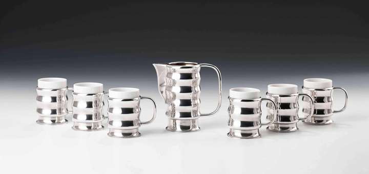 SILVER MILK JUG WITH SIX CUPS